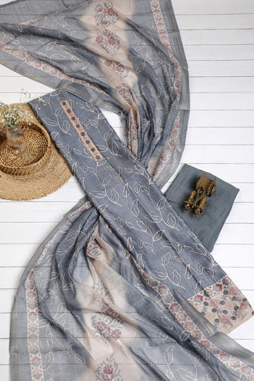 Pure Smokey Grey Hand Kantha Work Chanderi Unstitched Suit set Geetha Creation